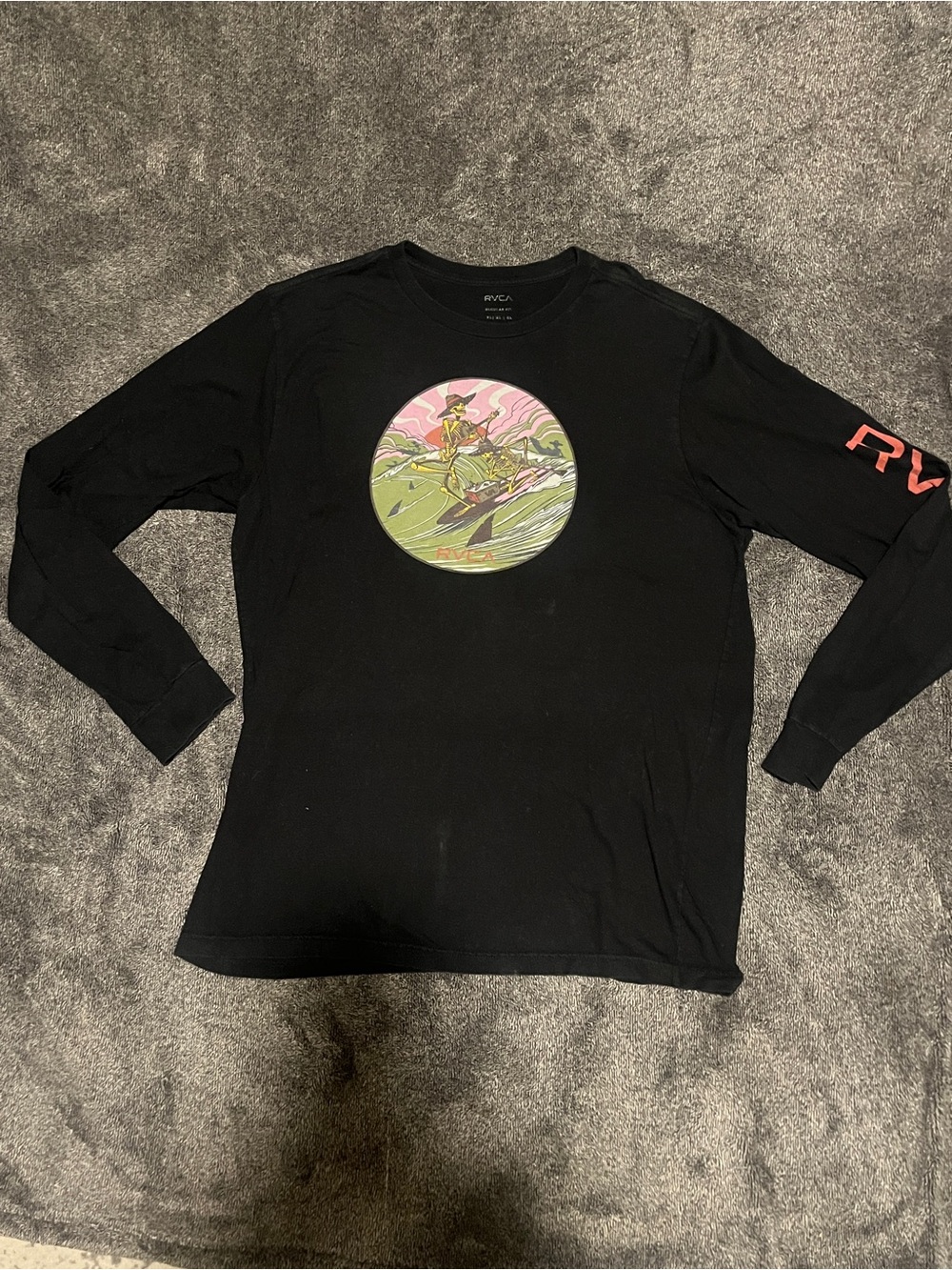 RVCA Surf Twins Skeleton Guitar Player Long Sleeve Tee Black Size XL